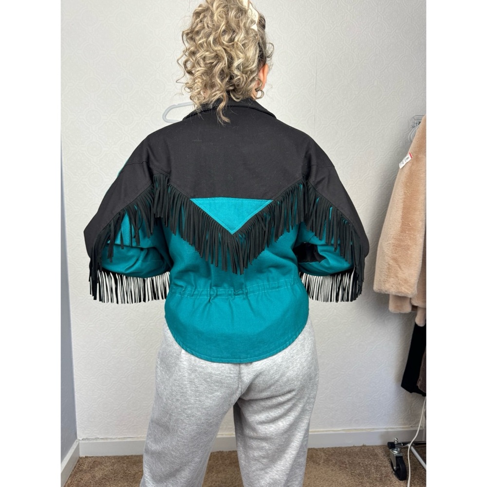 Vintage‎ 80s Fringe Roughrider Black Teal Jacket Color Block Cowgirl Festival